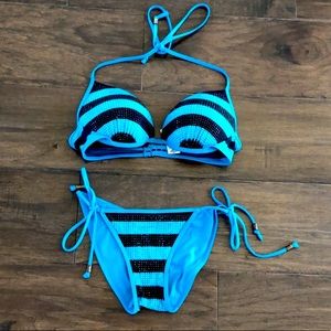 VICTORIA’S SECRET PINK SWIM TOP GET STRING BIKINI FREE-BLUE/BLACK